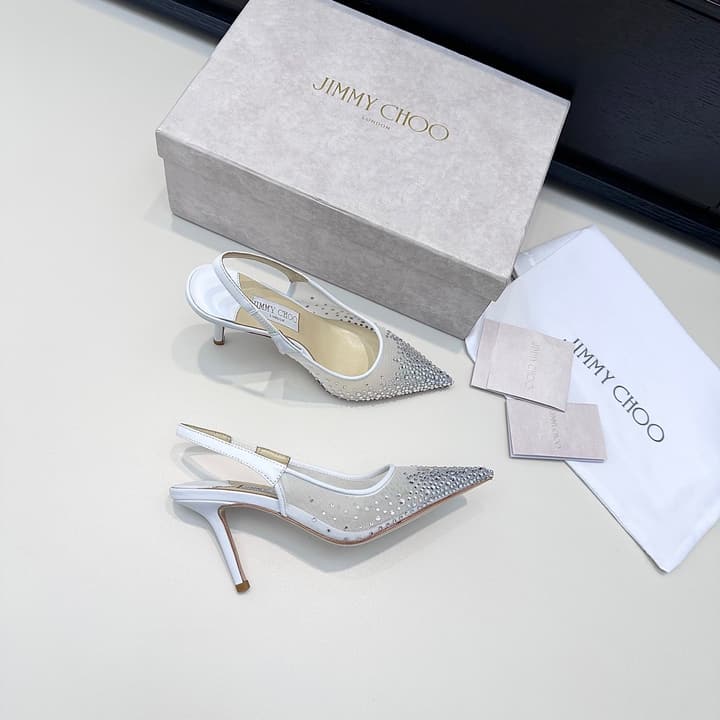 Jimmy Choo Mesh Rhinestone Slingback Heels – Spring/Summer Collection in Pure White