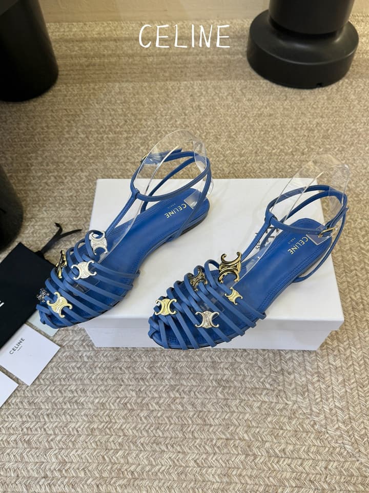 Celine Triomphe Ankle Strap Sandals – Spring/Summer Collection in Black - Large Logo Flats