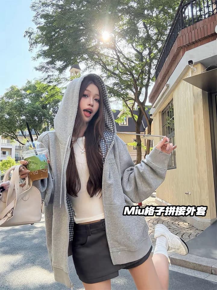 Miu Miu Heavy Patch Logo Plaid Hooded Zip Jacket