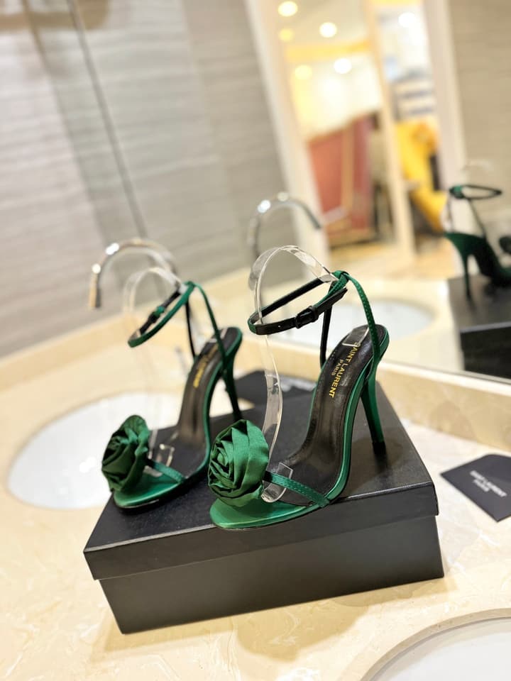 Saint Laurent YSL Flower Buckle Heeled Sandals in Black