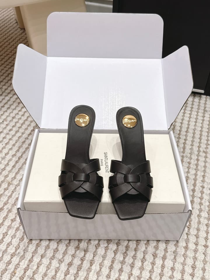 Saint Laurent Melody Square-Toe Heeled Sandals – 2026 Spring/Summer Collection in Beige Patent