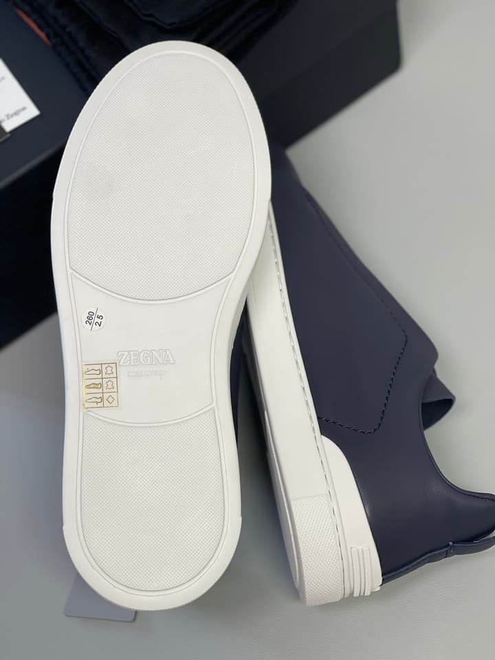 Zegna SECONDSKIN Triple Stitch Low-Top Sneakers in Navy Smooth Leather