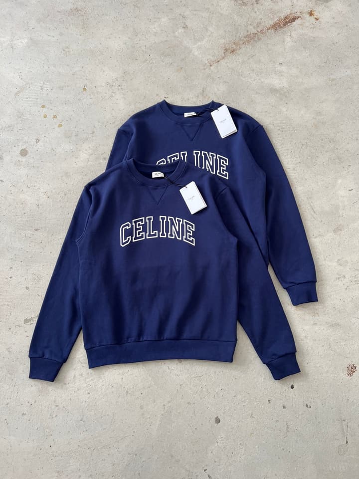 Celine Flocked Letter Pullover Sweatshirt – 2025FW in Navy Blue Folded