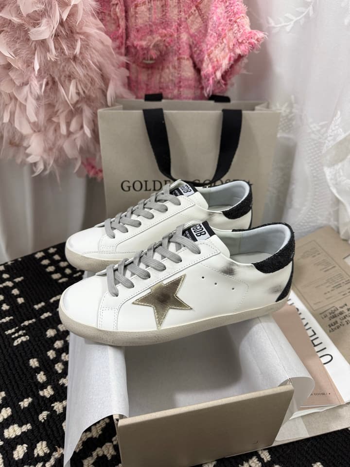 Golden Goose Super Star Rhinestone Leather Sneakers in Grey Suede Black Leather White Star