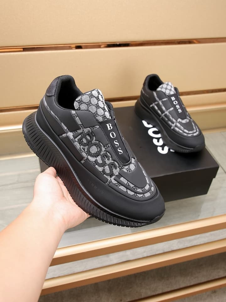 Boss New Men's Luxury Athletic Sneakers in Black With White Detail