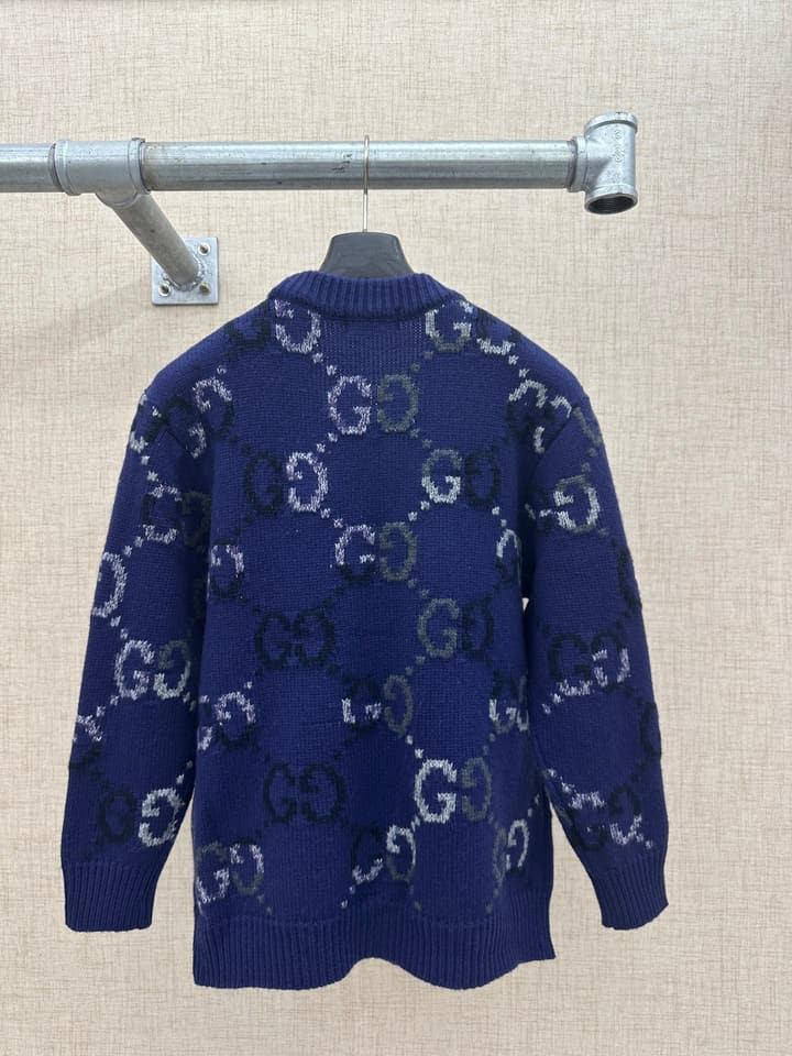 Gucci Double G Monogram Knit Cardigan in Deep Blue Gg Pattern Cardigan