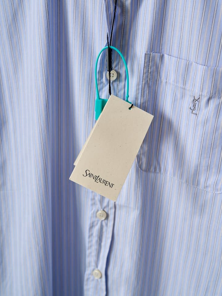 Saint Laurent Pocket Embroidered Striped Long-Sleeve Shirt in Light Blue