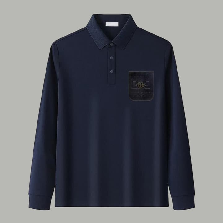 Dior Silk Long Sleeve Polo Shirt with Metal Patch in White With Solid Pocket