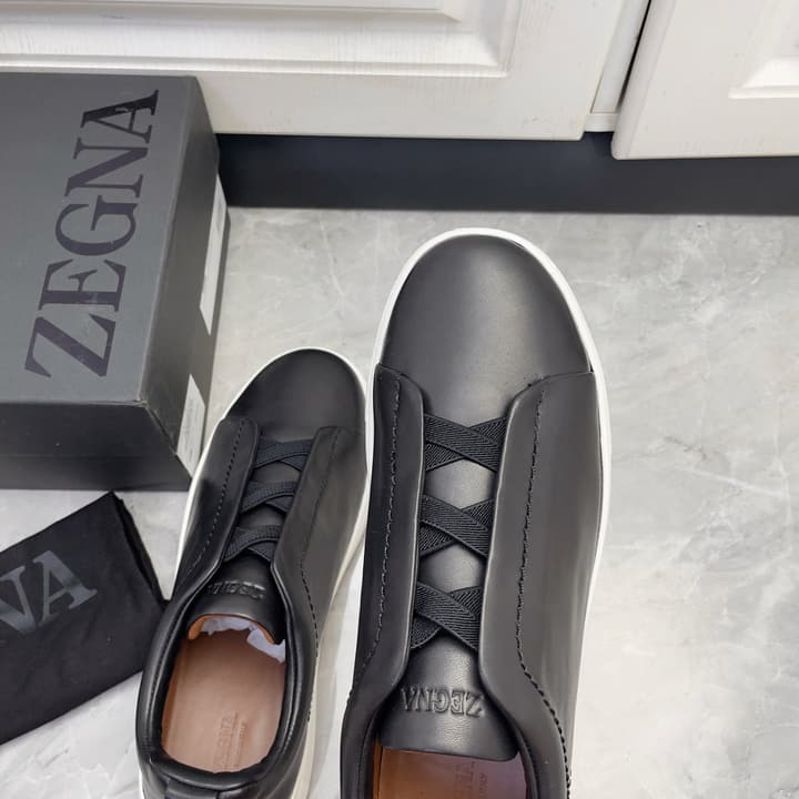 Zegna Triple Stitch Low-Top Sneakers in Navy Blue