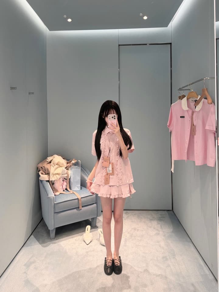 Miu Miu Embroidered Ruffle Shirt and Pleated Skort Set in Pink