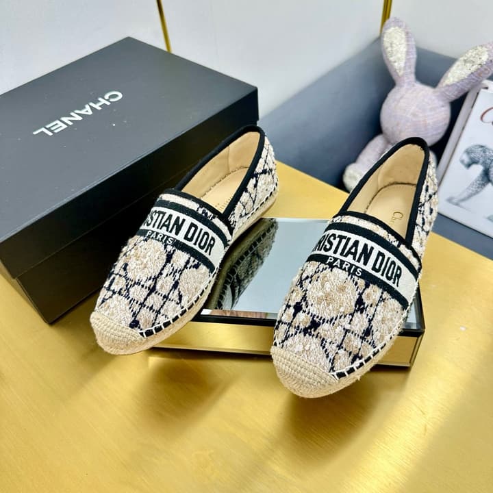 Dior Granville Embroidered Espadrille Flats in Beige/brown Oblique Pattern