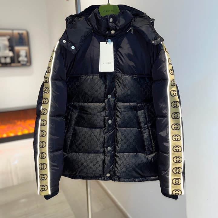 Gucci Double G Jacquard Reflective Runway Down Jacket in Black With Gg Webbing