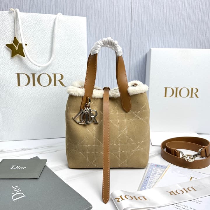 Dior Small Toujours Vertical Shearling Handbag in Tan Furry Tote