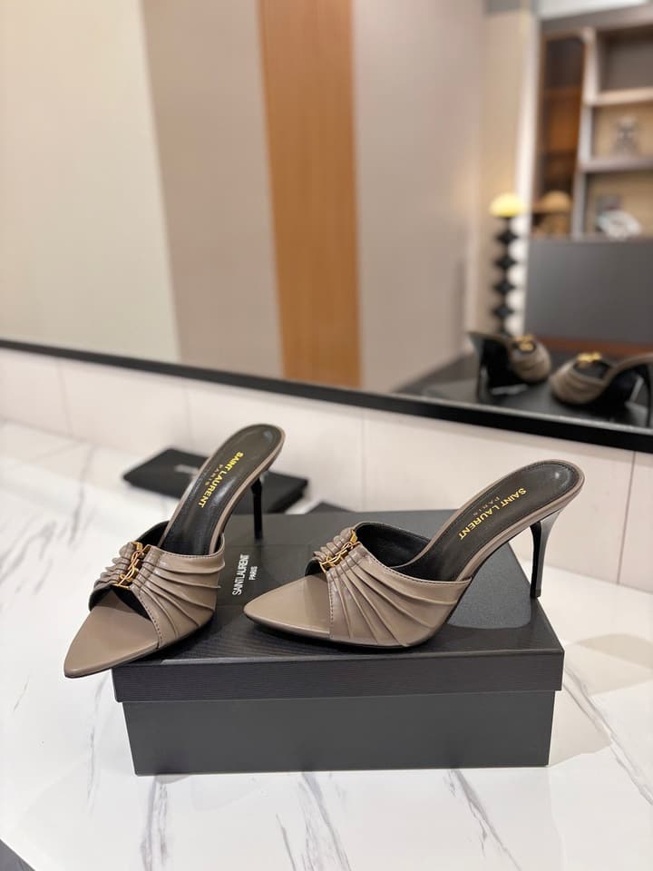 Saint Laurent Crystal Chain Heeled Sandals – 2025 Spring/Summer Collection in Beige