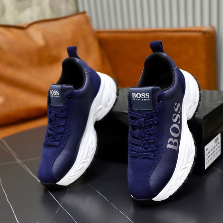 Boss Men's Luxury Running Sneakers in Black Mesh With White Sole