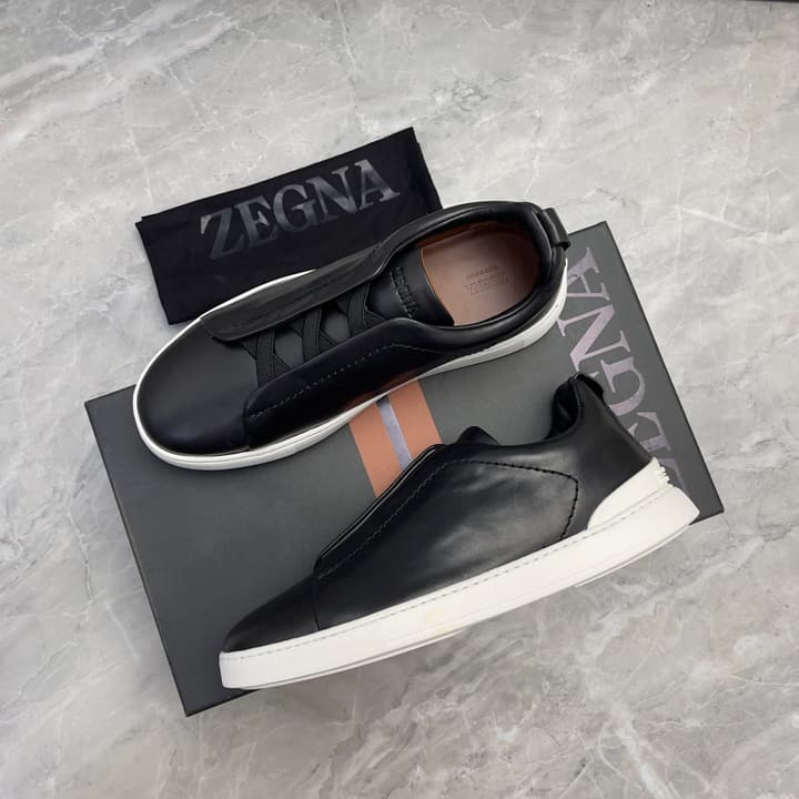 Zegna Triple Stitch Low-Top Sneakers in Navy Blue