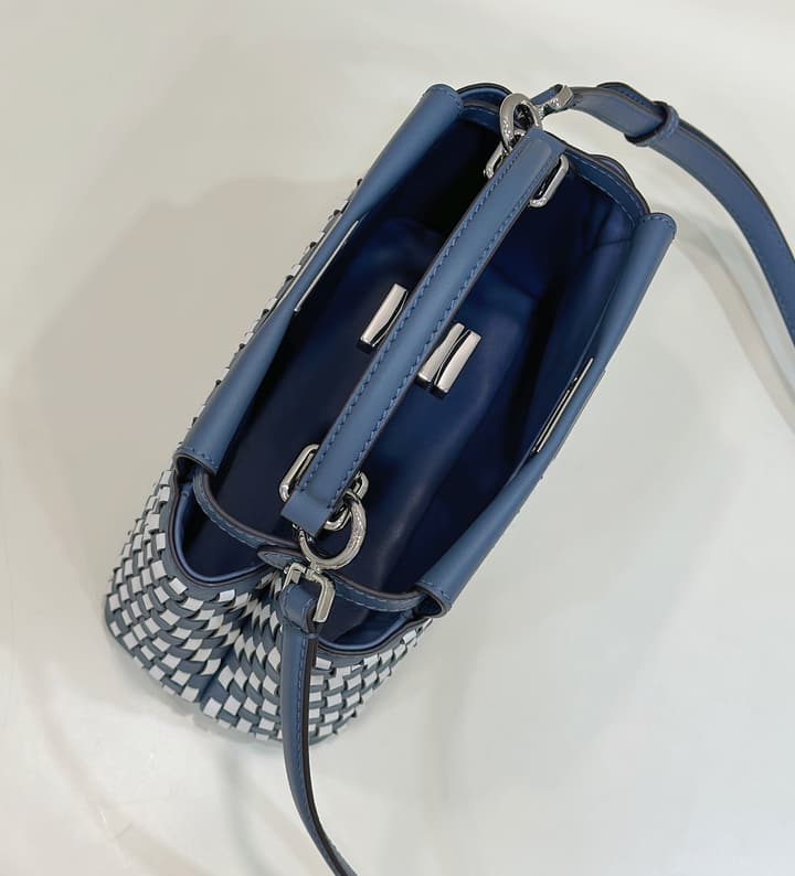 Fendi Iconic Peekaboo Small Woven Handbag in Navy Blue Woven Lattice