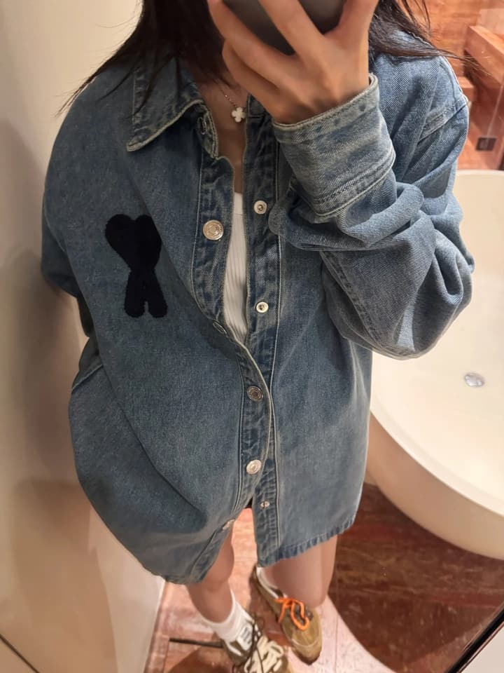 AMI Paris Heart Embroidery Distressed Denim Jacket in Distressed Blue Denim