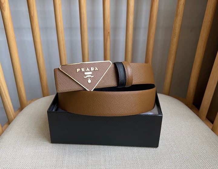 Prada Triangle Logo Buckle Belt in Classic Camel Leather