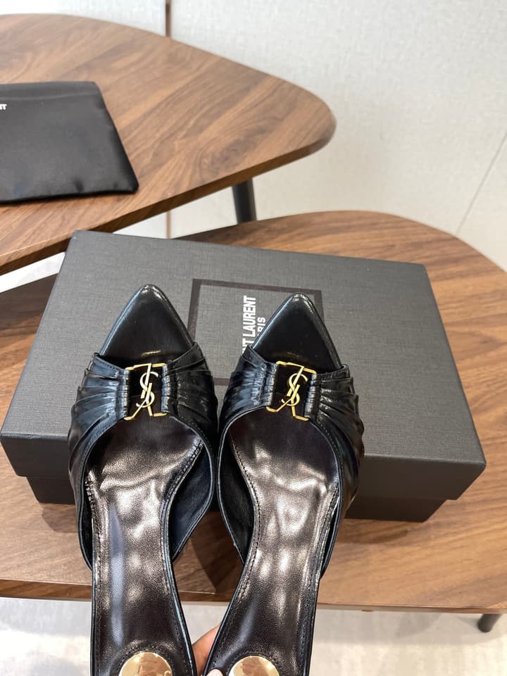 Saint Laurent Pointed Toe Stiletto Heeled Sandals – 26SS in Black - Gold Logo Plaque