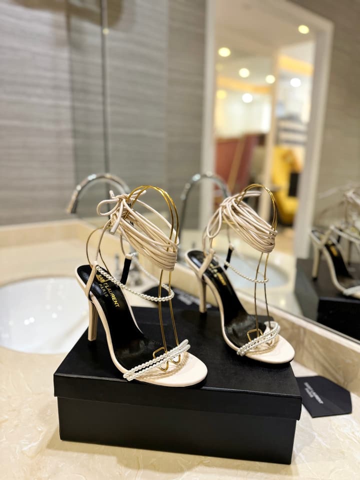 Saint Laurent YSL Pearl Strappy Heeled Sandals in All Black