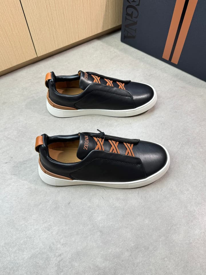 Zegna Triple Stitch Nappa Leather Slip-On Sneakers in Black