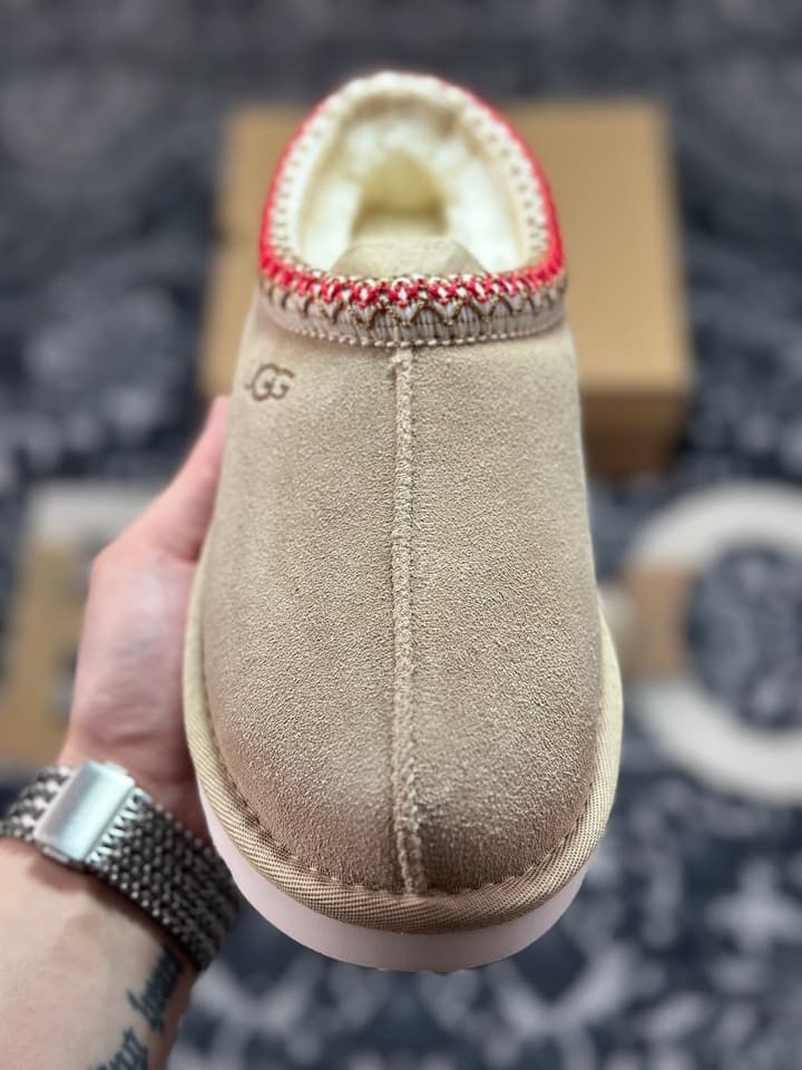 UGG Tazz Thin Sole Sheepskin Snow Boots in Black With White Patterned Trim