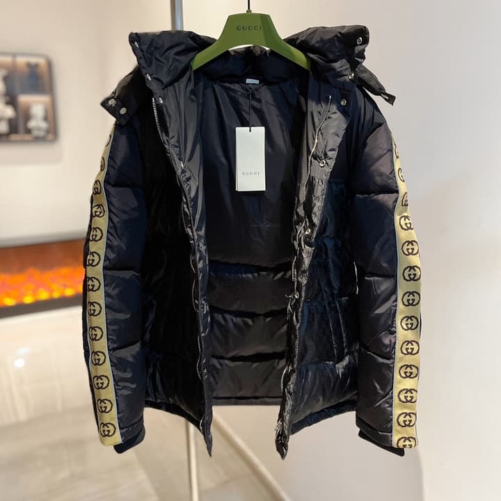 Gucci Double G Jacquard Reflective Runway Down Jacket in Black With Gg Webbing