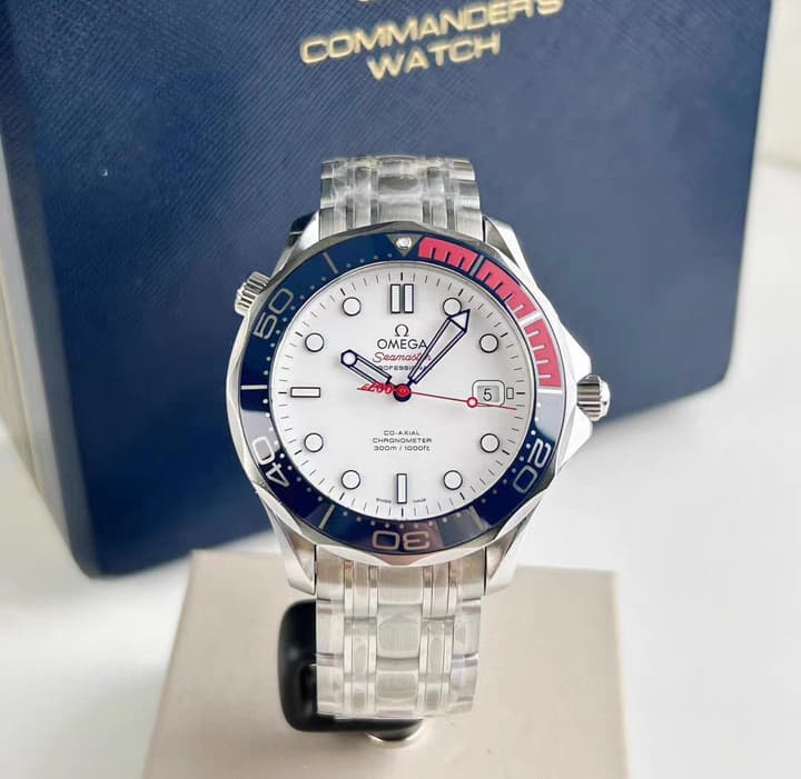 Omega Seamaster 300 Dive Watch in White Dial Blue Red Bezel