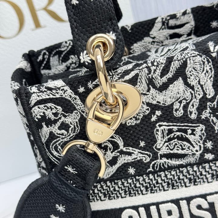 Dior Lady Dior 5-Grid Hand-Embroidered Handbag in Black Embroidered Toile