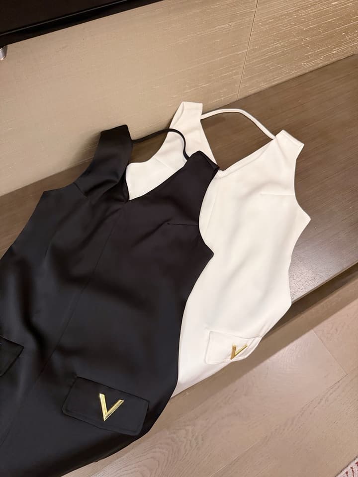 Valentino V-Neck Satin Dress with V Logo Detail in Black