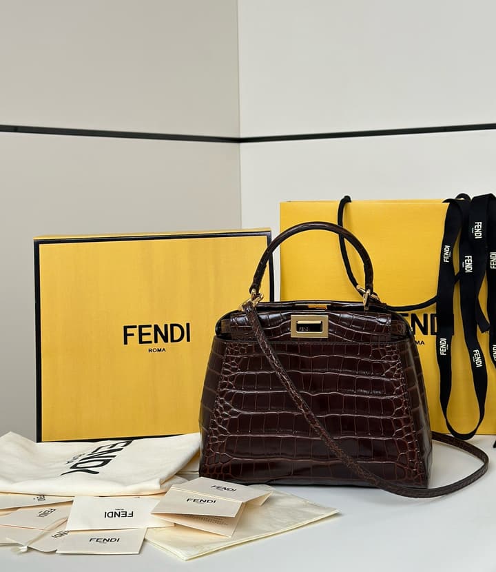 Fendi Peekaboo Embossed Crocodile Handbag in Classic Black Croc Embossed