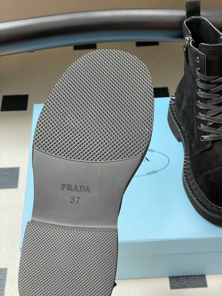 Prada Triangle Logo Combat Boots – 25SS in Black Suede