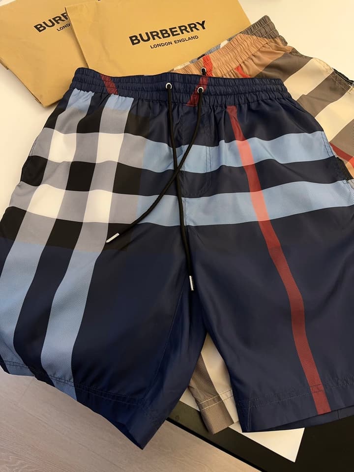Burberry Large Check Drawstring Beach Shorts in Royal Blue Red Check