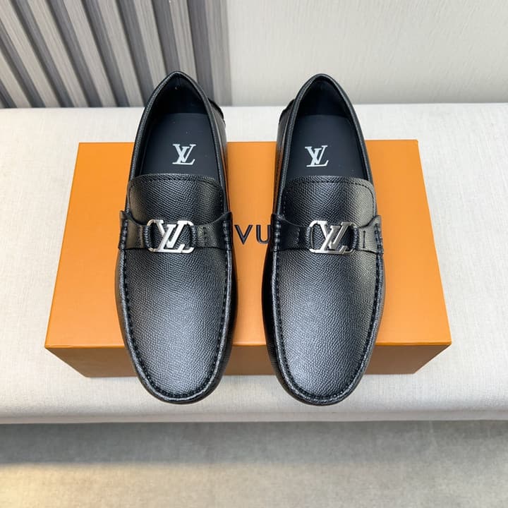 Louis Vuitton Pebbled Leather Driving Shoes in Black Smooth Leather