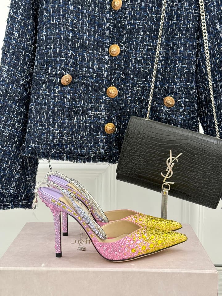 Jimmy Choo Classic Crystal Pointed High-Heeled Sandals in Lavender Yellow Ombre