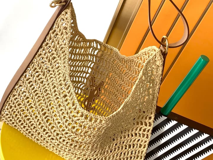 Saint Laurent OXALIS Raffia Crochet Shoulder Bag in Black