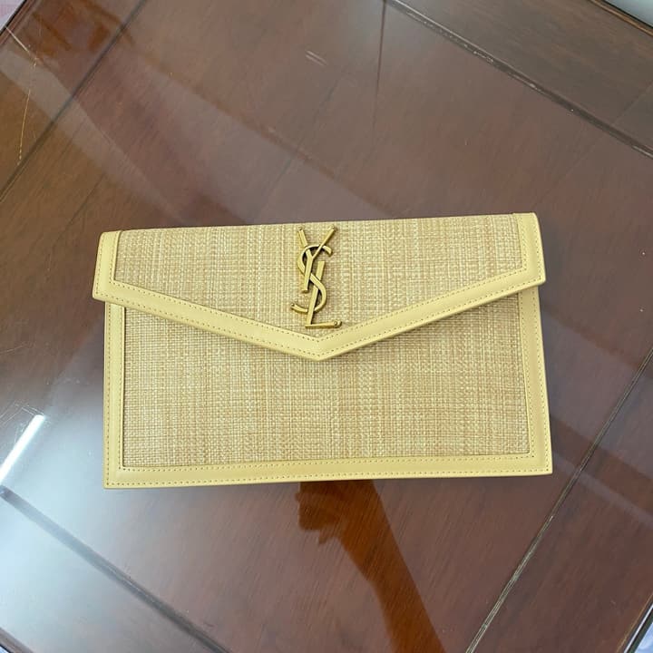 Saint Laurent Uptown Raffia Clutch Bag in Natural Raffia Beige