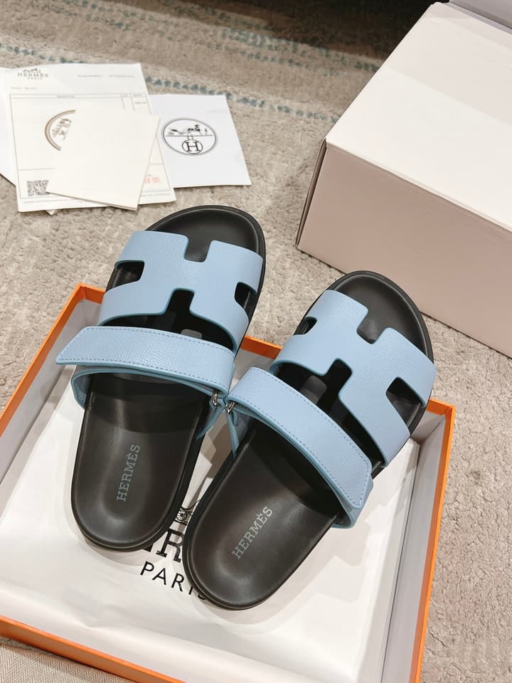 Hermès Chypre Suede Unisex Slides in Black With Dark Blue Strap