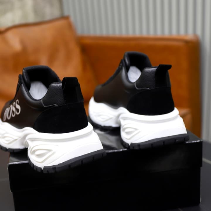 Boss Men's Luxury Running Sneakers in Black Mesh With White Sole