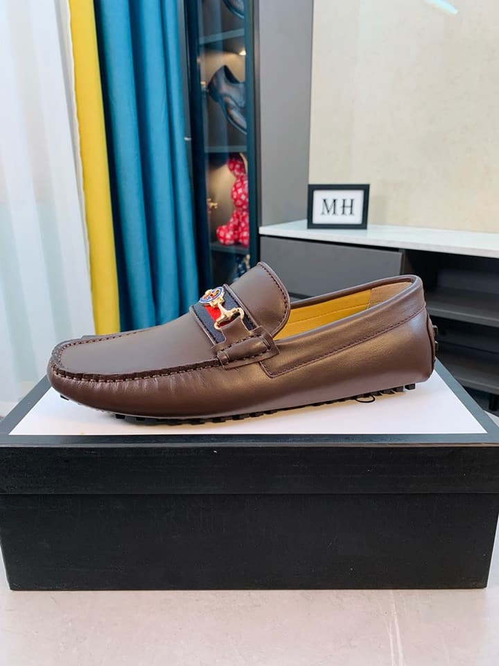 Gucci Men's Embossed Leather Driving Shoes in Brown Leather Loafer