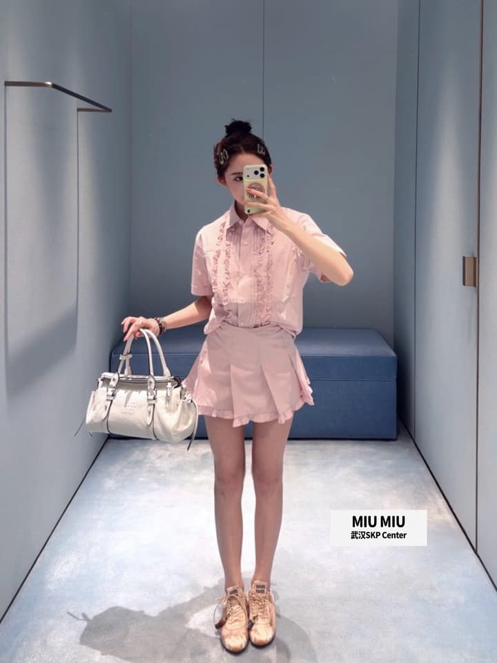 Miu Miu Embroidered Ruffle Shirt and Pleated Skort Set in Pink