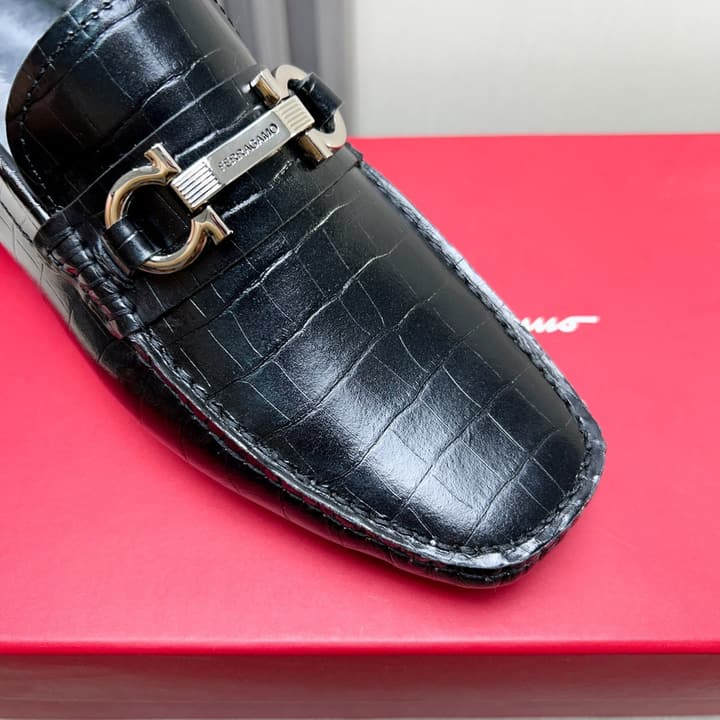Ferragamo Imported Cowhide Fur-Lined Loafers in Black Patent Leather