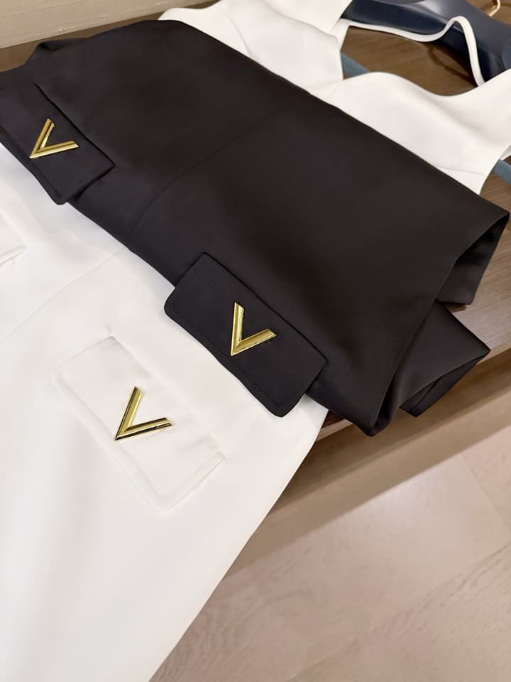 Valentino V-Neck Satin Dress with V Logo Detail in Black