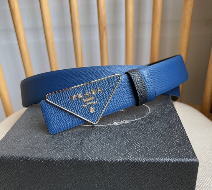 Prada Triangle Logo Buckle Belt in Black Textured Leather With Black Buckle