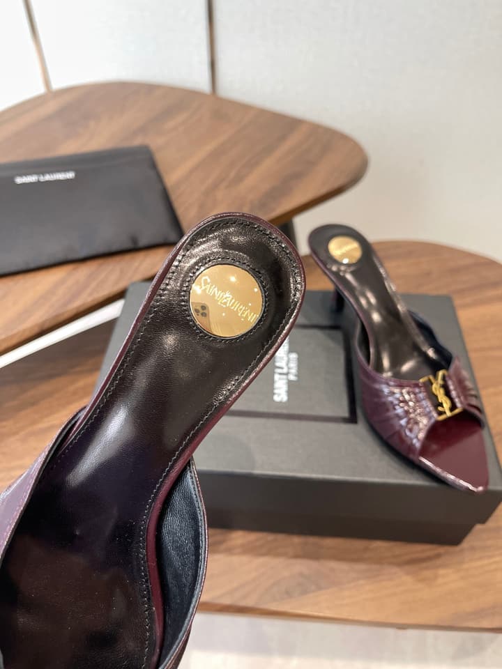 Saint Laurent Pointed Toe Stiletto Heeled Sandals – 26SS in Black - Gold Logo Plaque