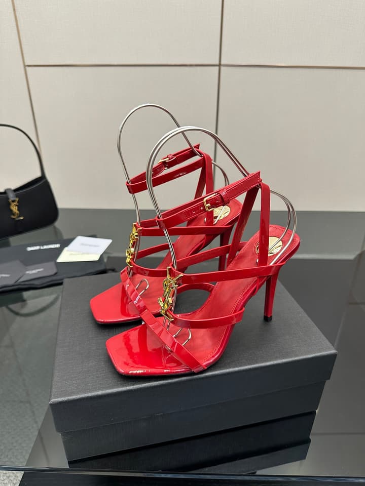 Saint Laurent Patent Leather Heeled Sandals in Bright Amber