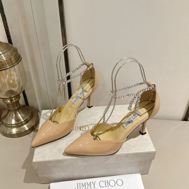 Jimmy Choo Rhinestone Cross-Strap Kitten Heels – 2025 Spring/Summer Collection in Nude Patent Leather