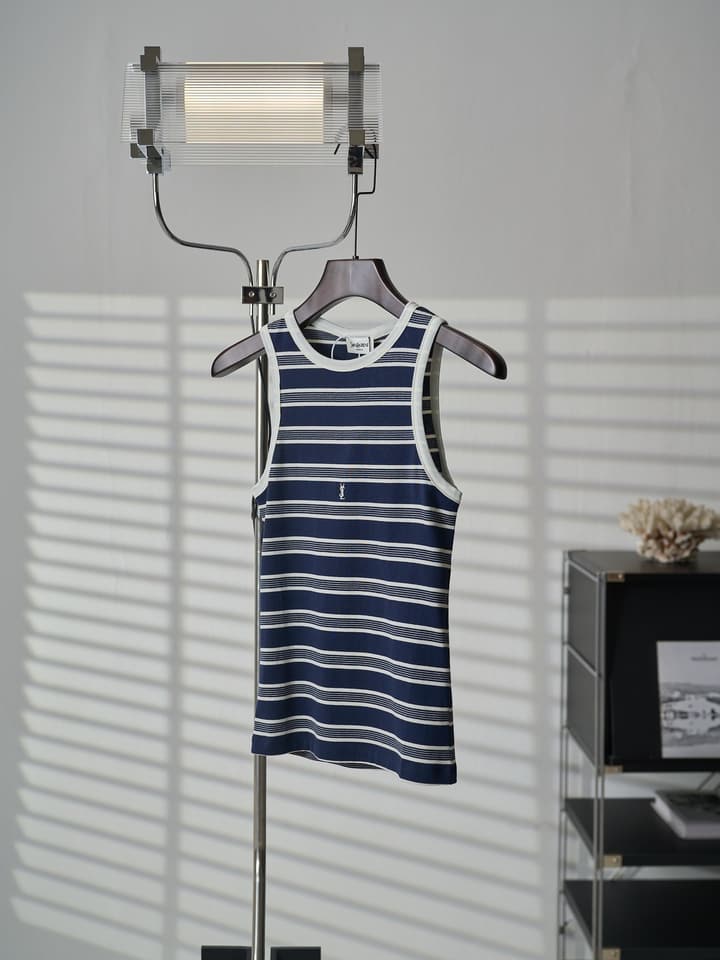 Saint Laurent YSL Embroidered Striped Tank Top in Navy Blue