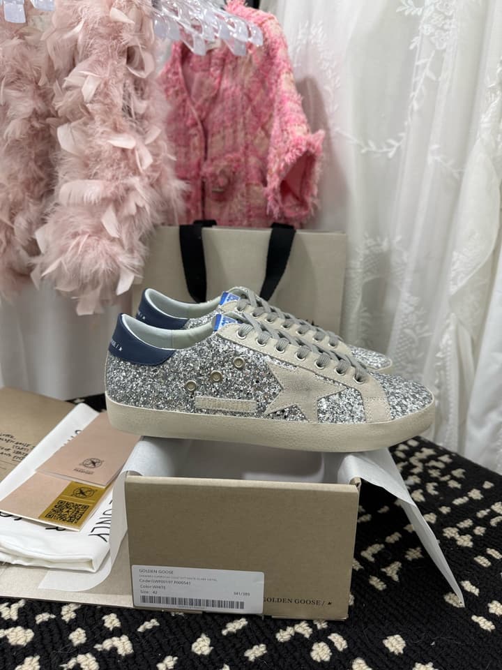 Golden Goose Super Star Rhinestone Leather Sneakers in Grey Suede Black Leather White Star